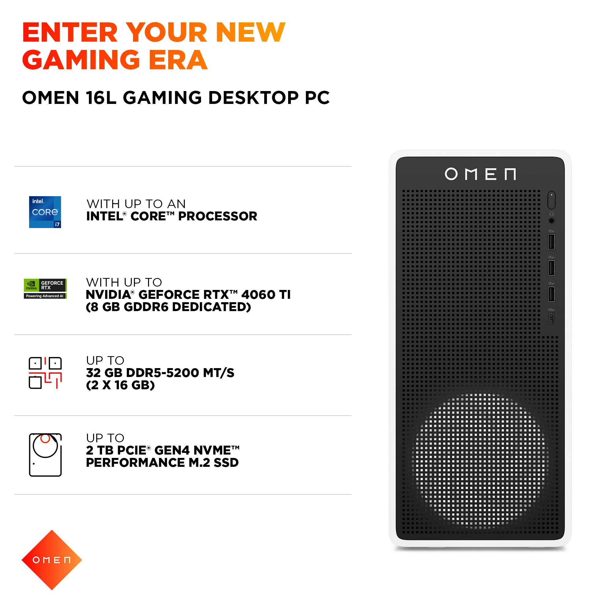 OMEN 16L Gaming Desktop TG03-0085t PC, Windows 11 Home, Intel® Core™ Ultra 7, 32GB RAM, 1TB SSD, NVIDIA® GeForce RTX™ 5060, Snow white